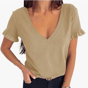 Khaki Ruffled V-Neck Tee Small
